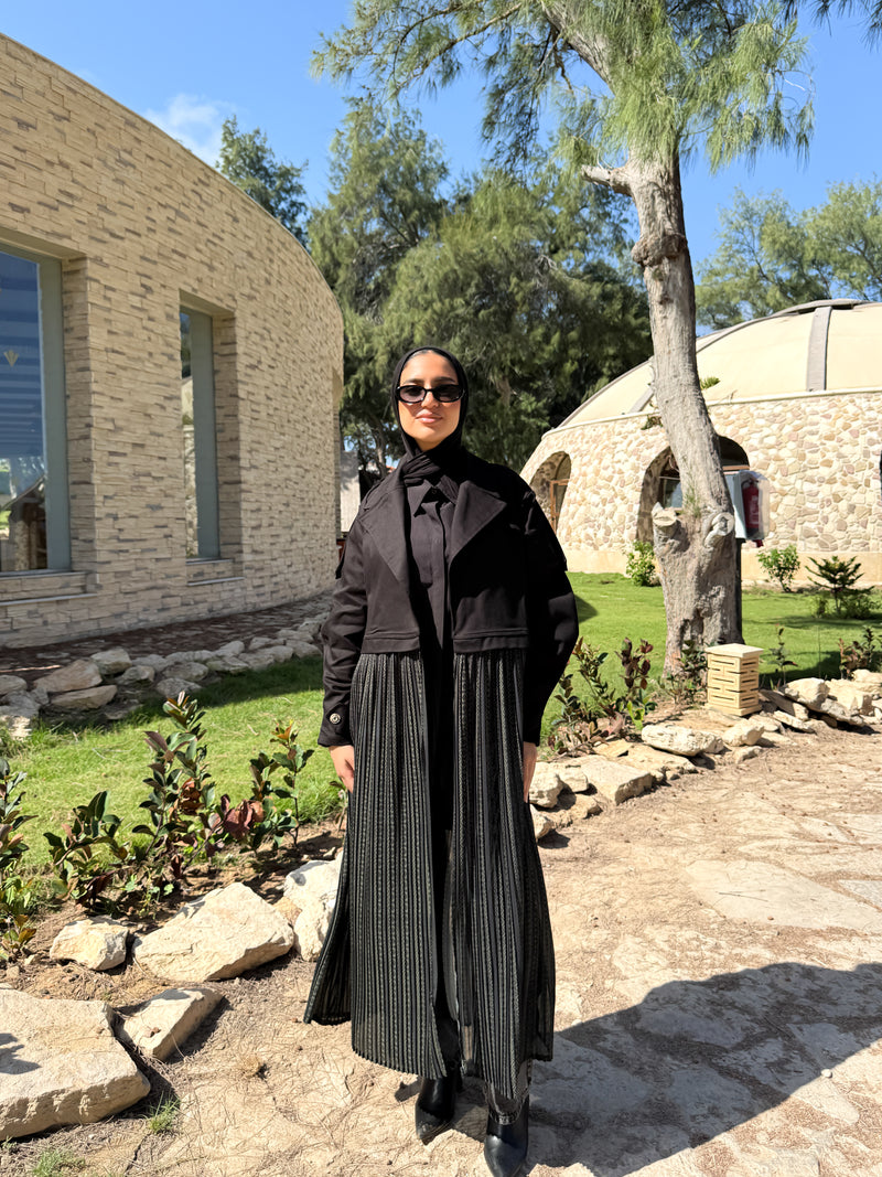 Gabardine with Pleated Chiffon Coat - Black