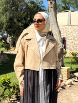 Gabardine with Pleated Chiffon Coat - Beige