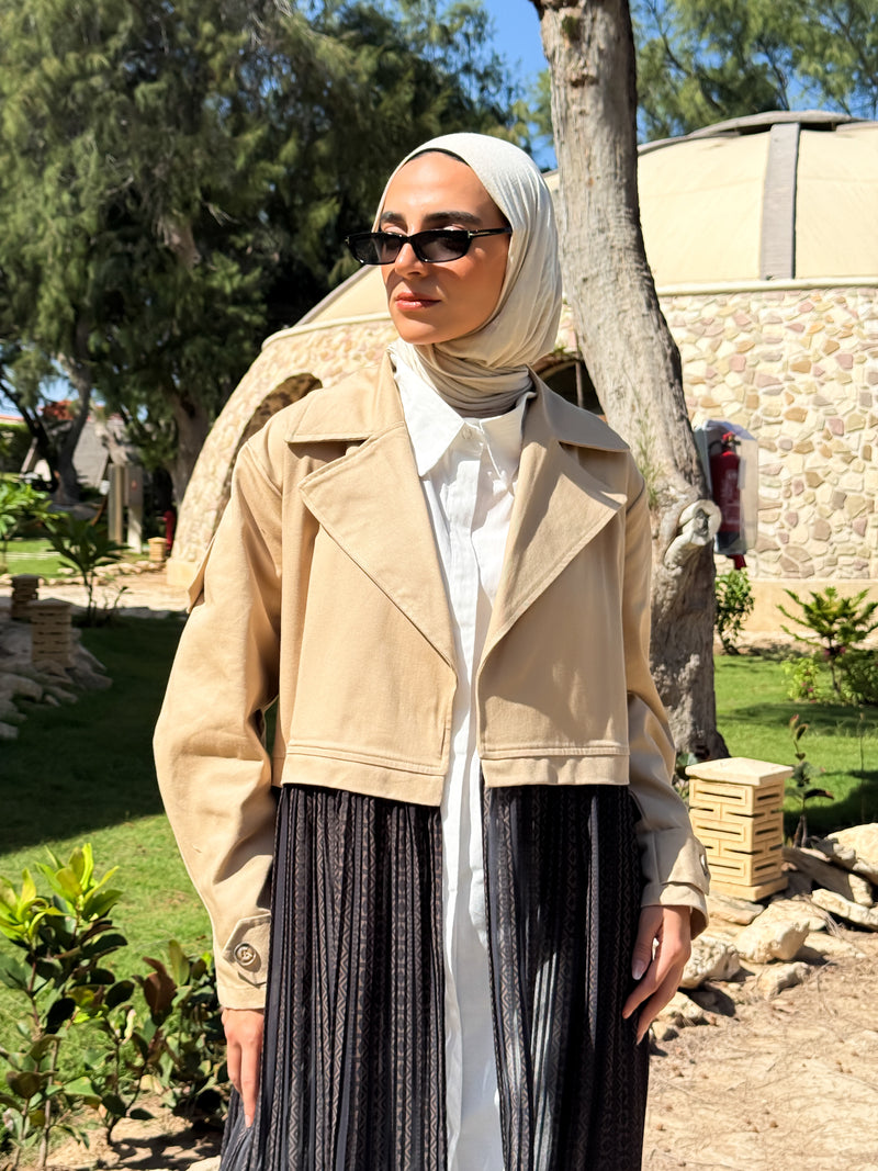 Gabardine with Pleated Chiffon Coat - Beige