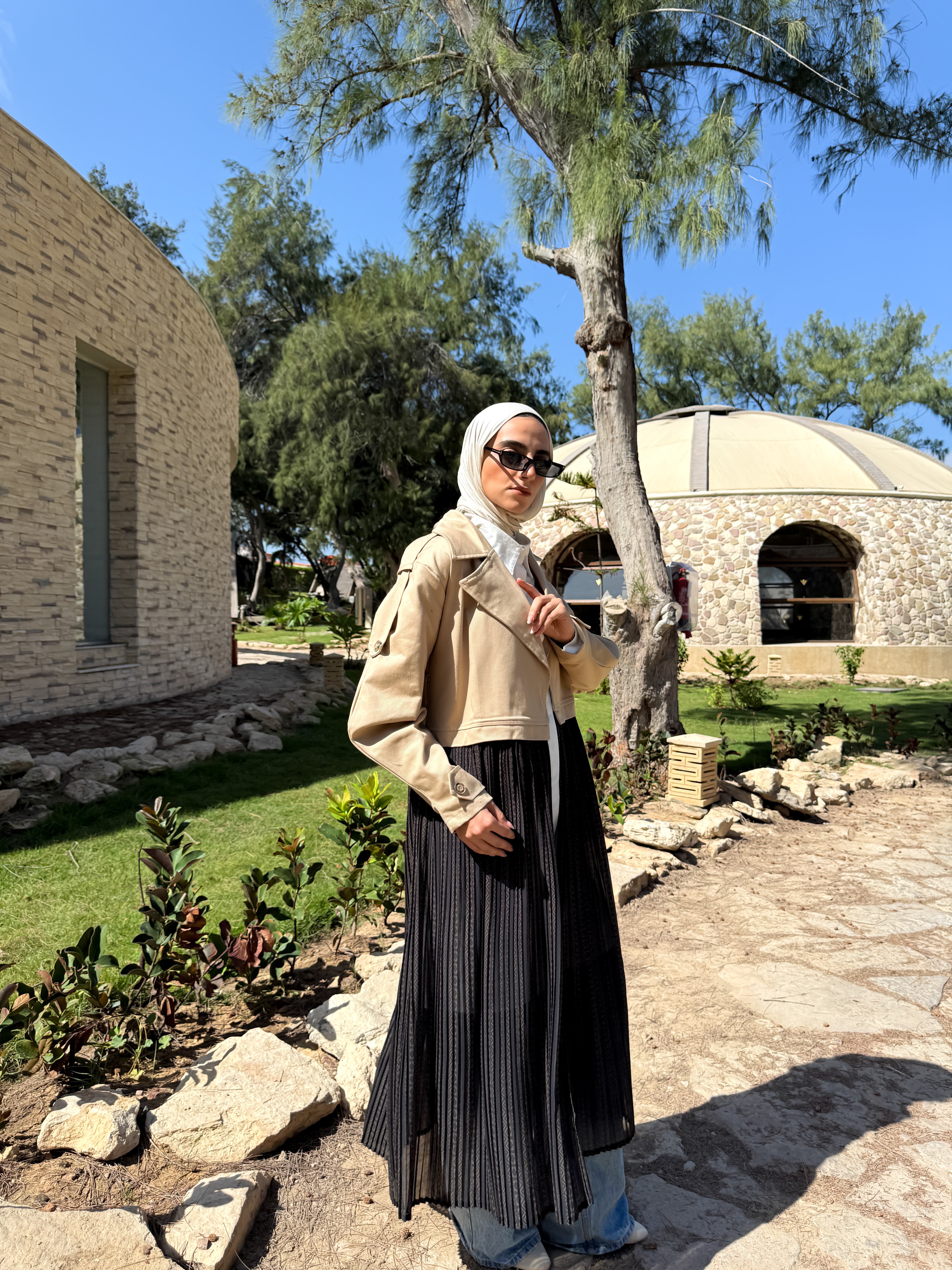 Gabardine with Pleated Chiffon Coat - Beige