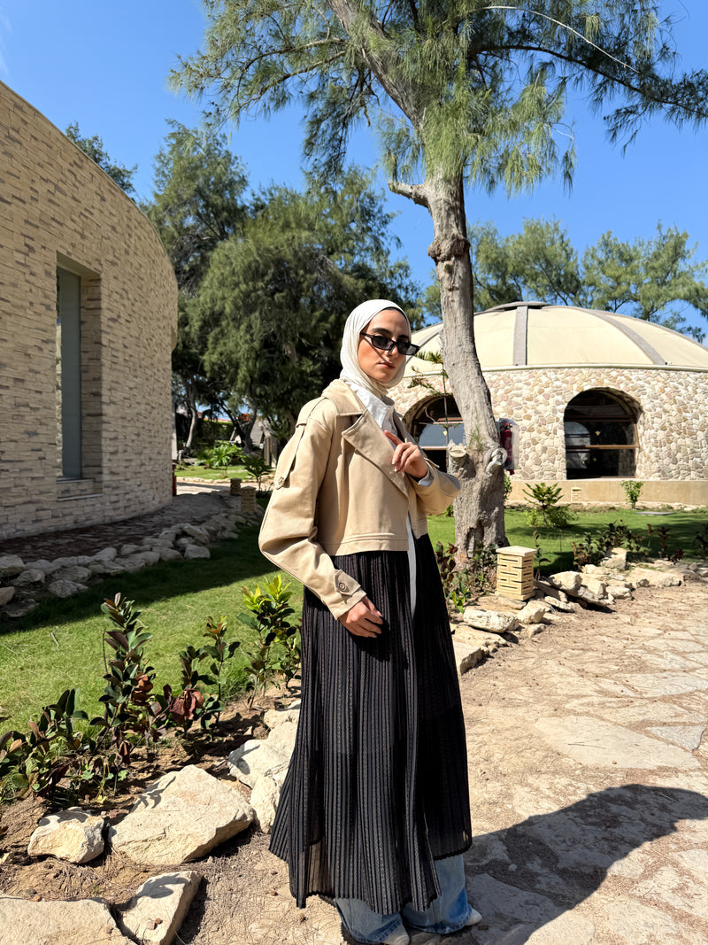 Gabardine with Pleated Chiffon Coat - Beige