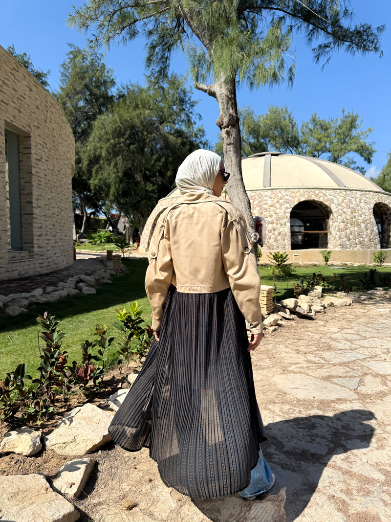 Gabardine with Pleated Chiffon Coat - Beige