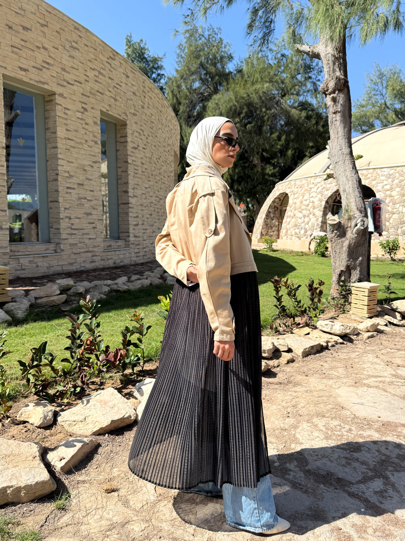 Gabardine with Pleated Chiffon Coat - Beige