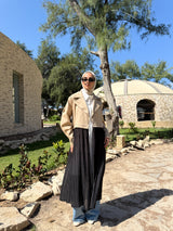 Gabardine with Pleated Chiffon Coat - Beige