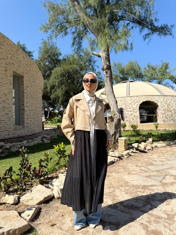 Gabardine with Pleated Chiffon Coat - Beige