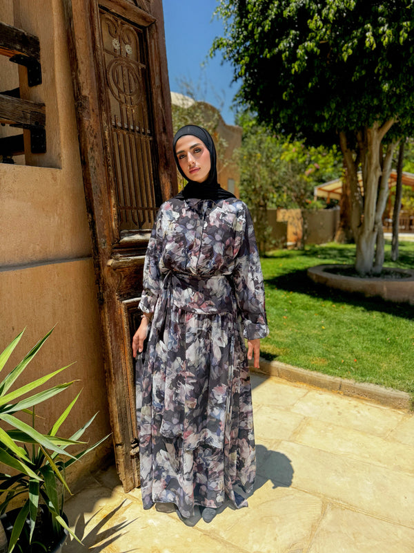 Printed Chiffon wrap dress - Black