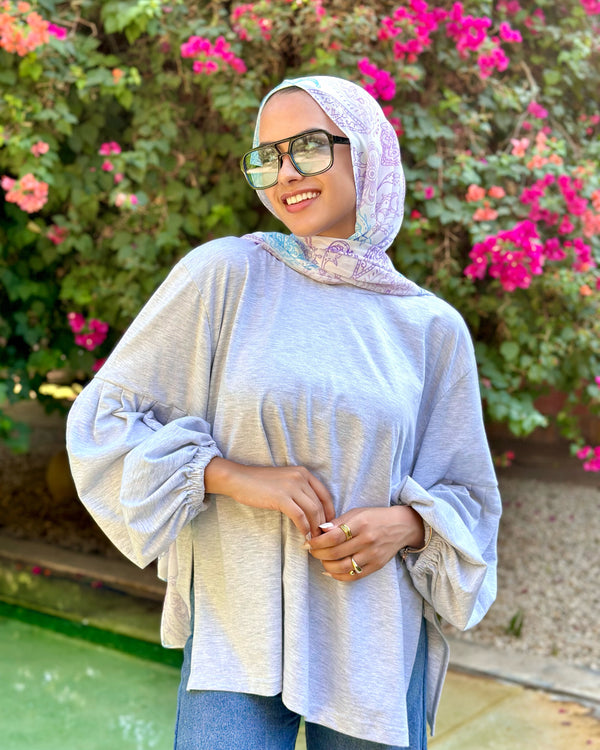 Puffed Sleeves Cotton Blouse-Grey