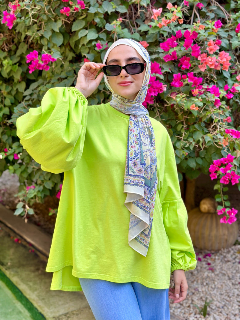Puffed Sleeves Cotton Blouse-Green