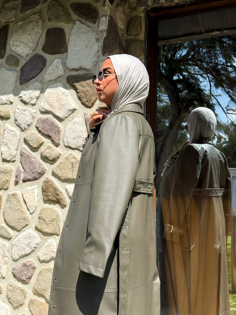 Eyelets Leather Coat - Olive