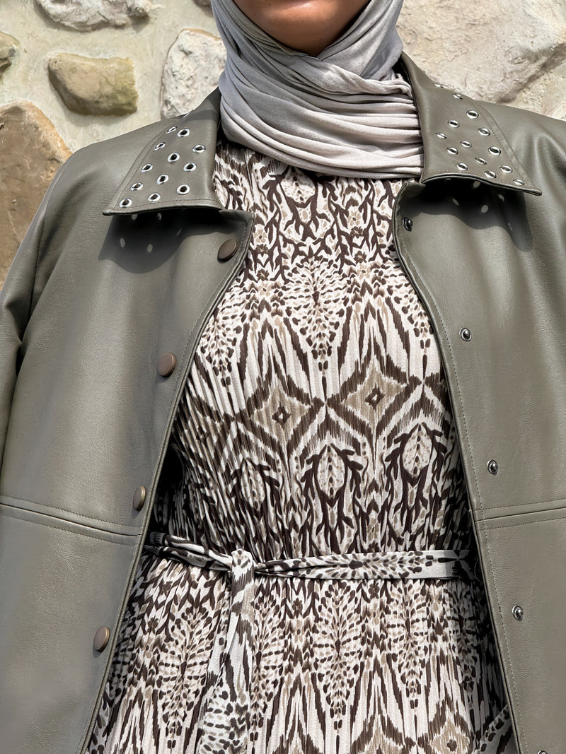 Eyelets Leather Coat - Olive