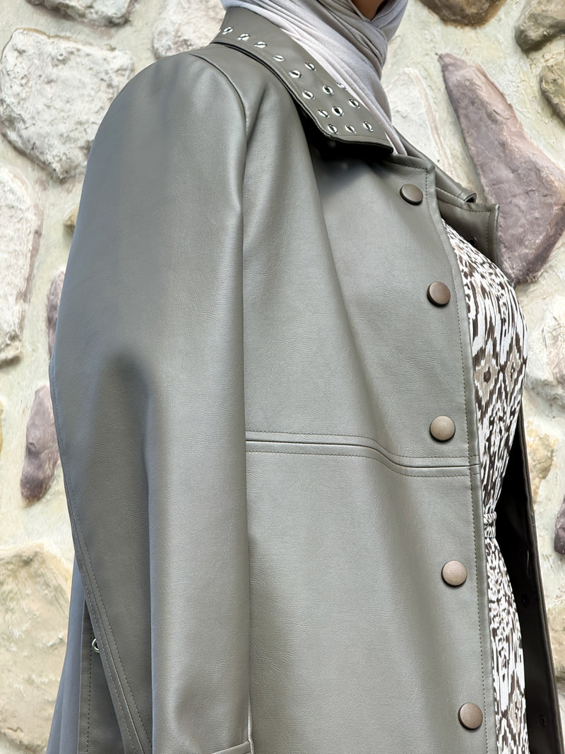 Eyelets Leather Coat - Olive