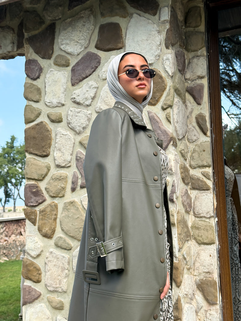 Eyelets Leather Coat - Olive
