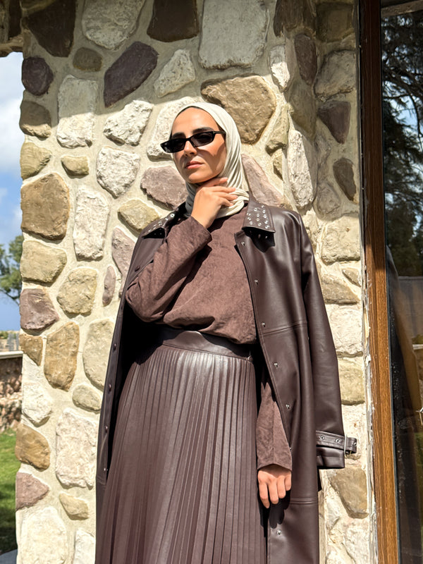 Eyelets Leather Coat - Brown