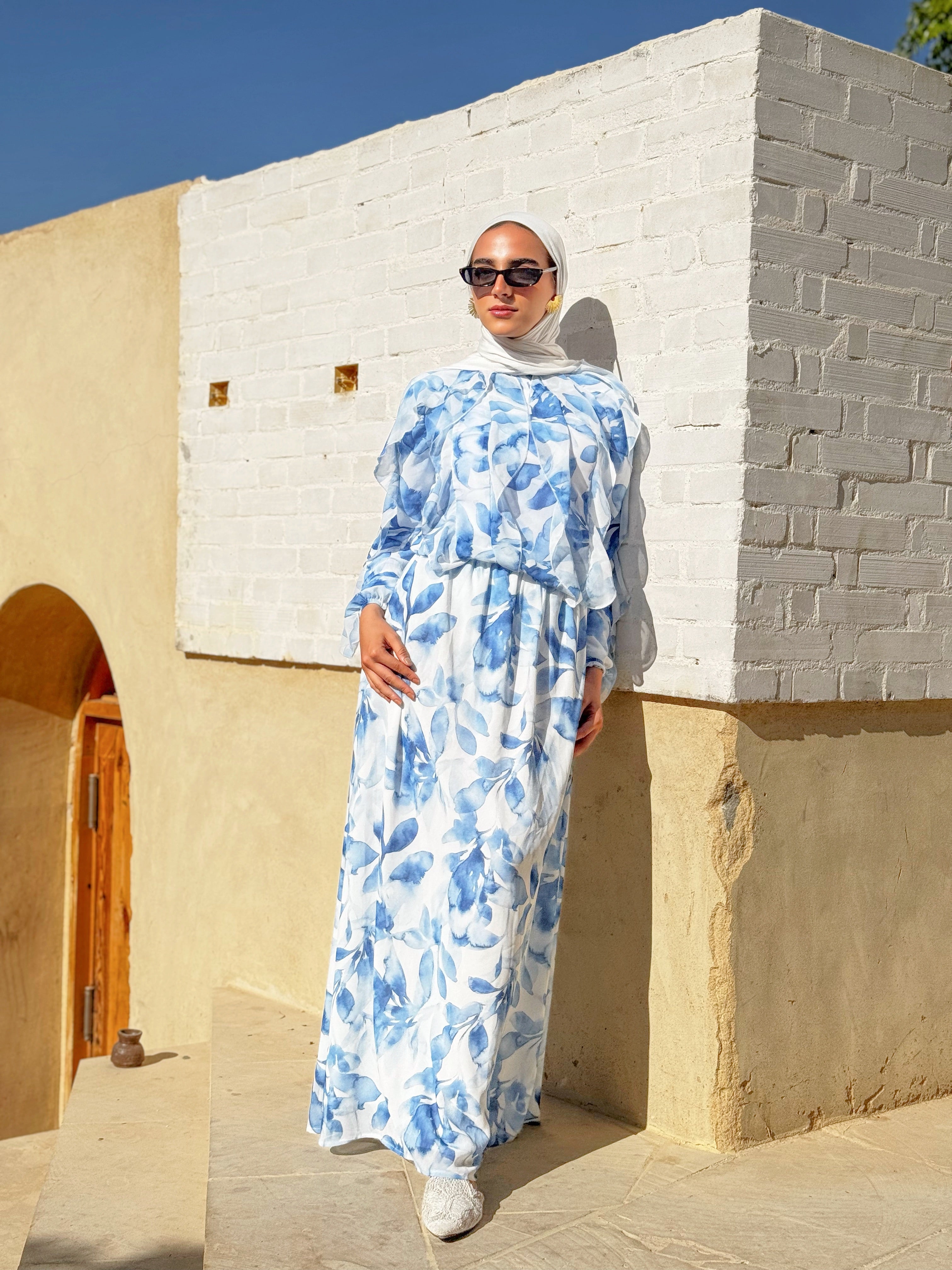 Printed Chiffon Ruffles Blouse - Blue