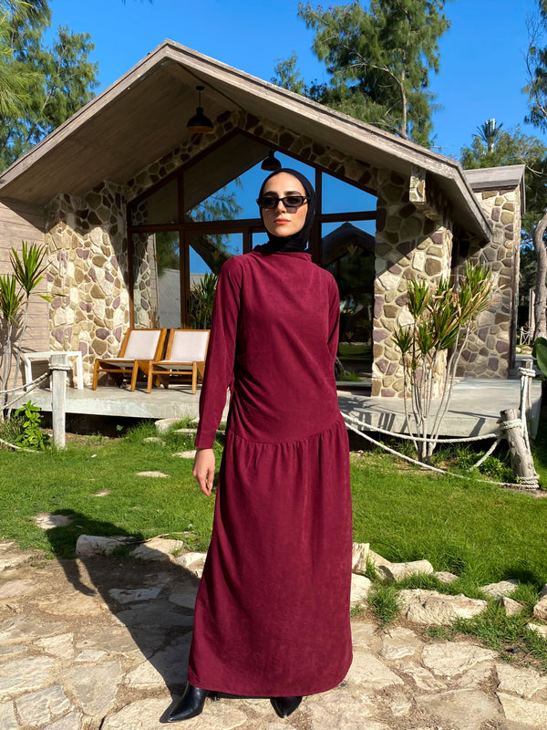 Side Gathered Suede Dress - Maroon