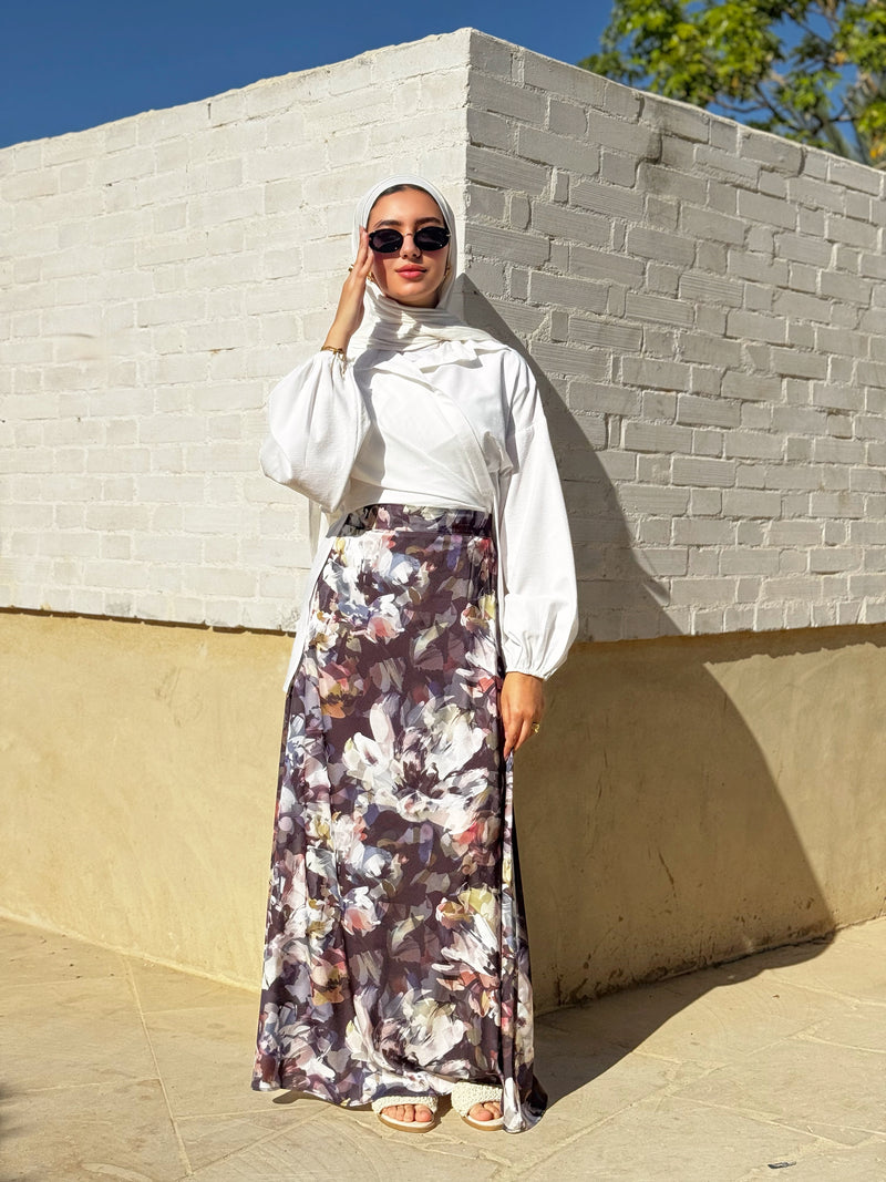 Satin Printed Skirt - Floral Black