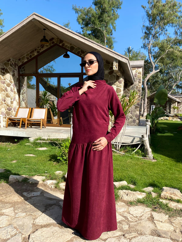 Side Gathered Suede Dress - Maroon