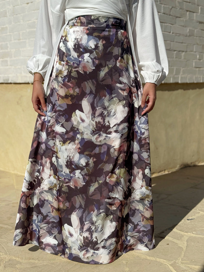 Satin Printed Skirt - Floral Black