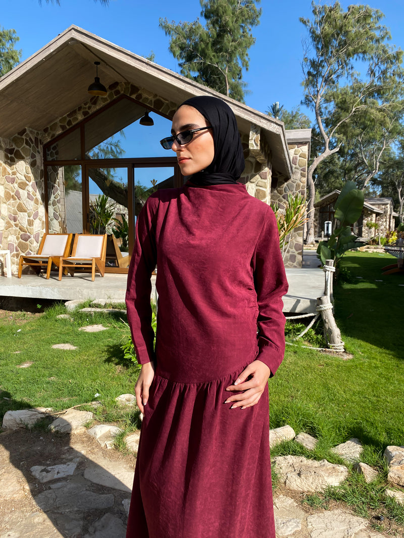 Side Gathered Suede Dress - Maroon