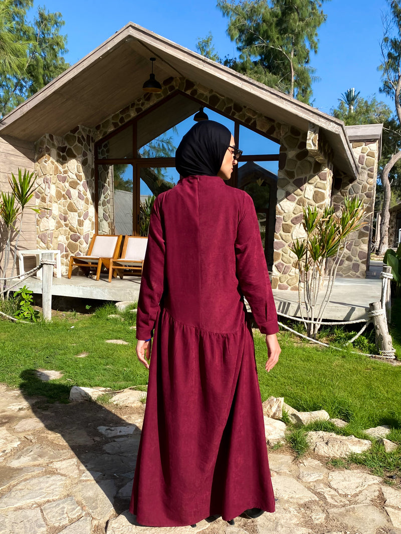 Side Gathered Suede Dress - Maroon