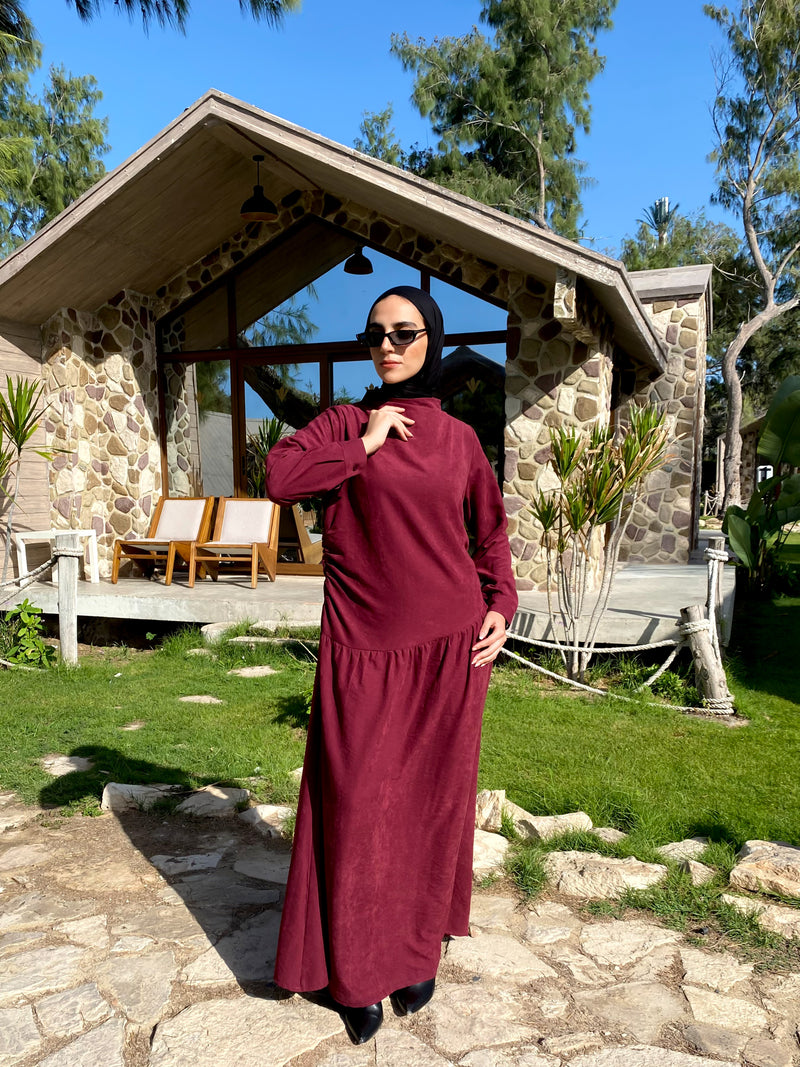 Side Gathered Suede Dress - Maroon