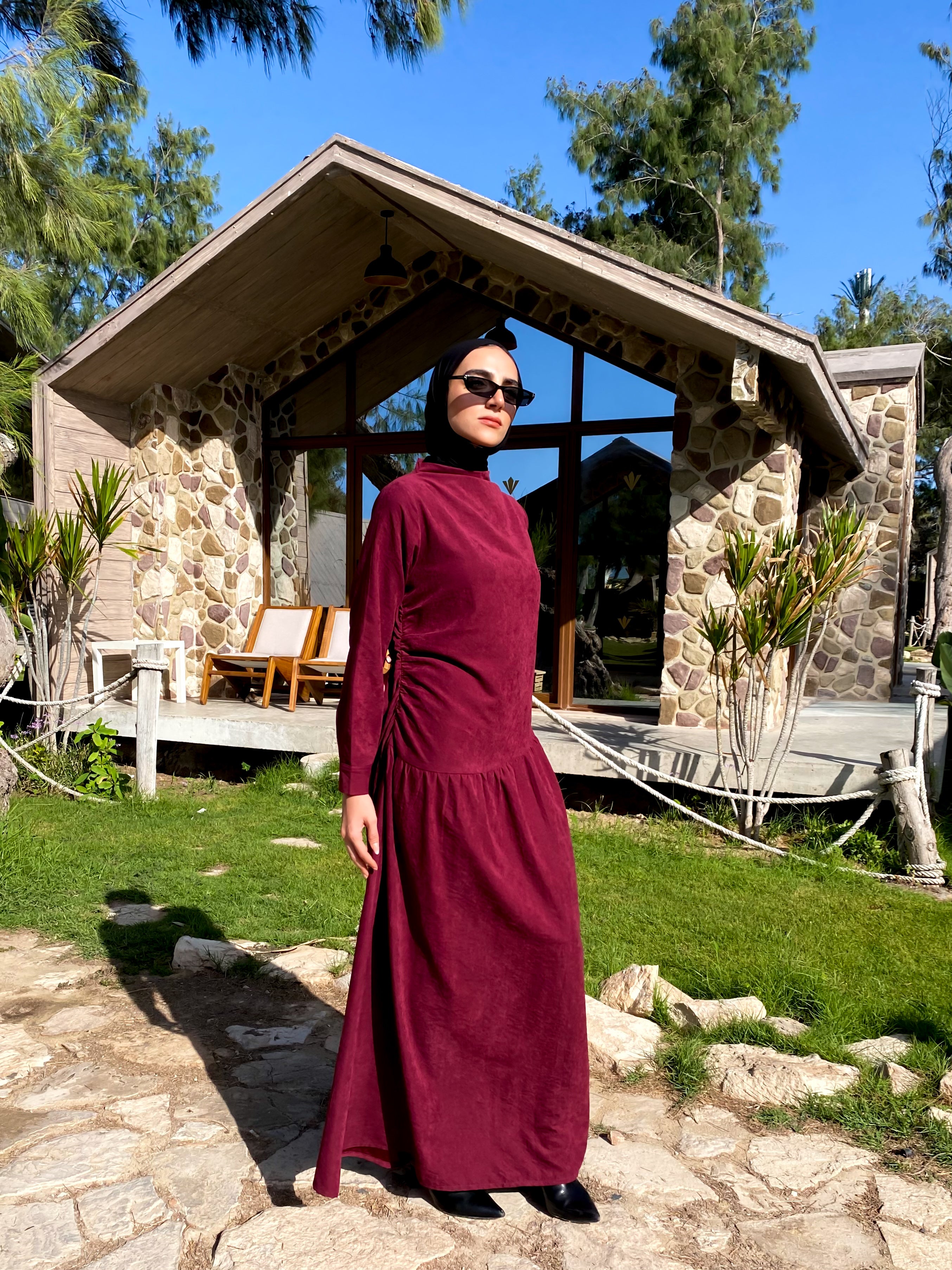 Side Gathered Suede Dress - Maroon