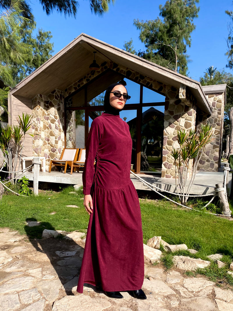 Side Gathered Suede Dress - Maroon