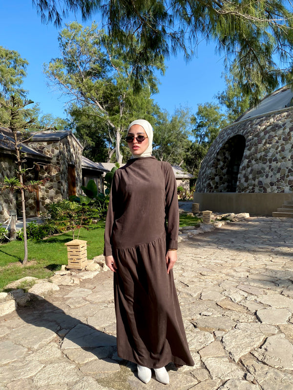 Side Gathered Suede Dress - Brown