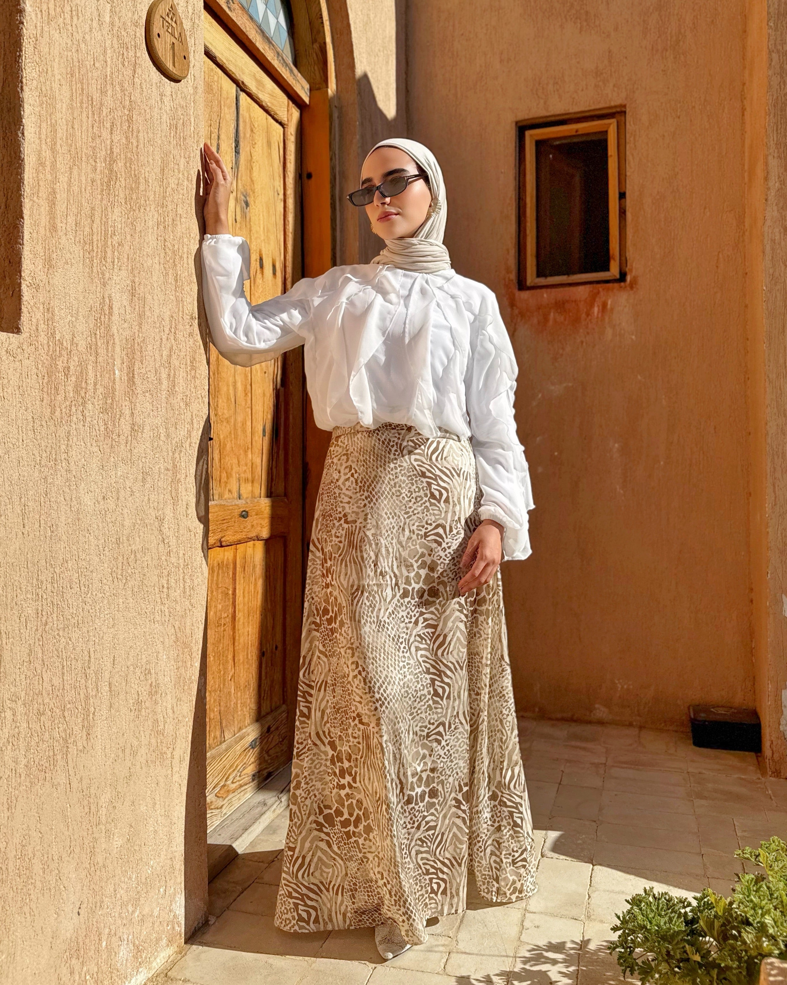 Satin Printed Skirt - Beige