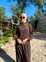 Side Gathered Suede Dress - Brown