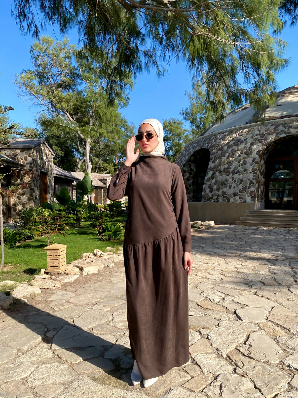 Side Gathered Suede Dress - Brown