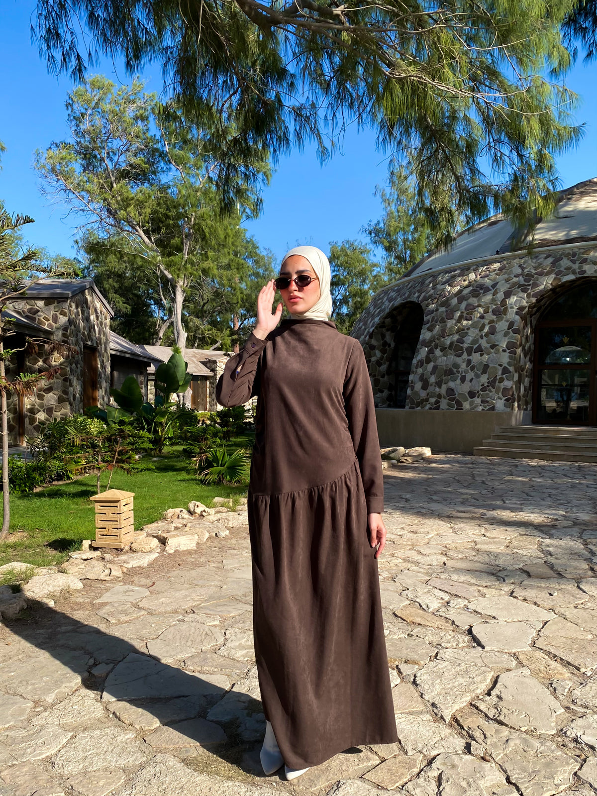 Side Gathered Suede Dress - Brown