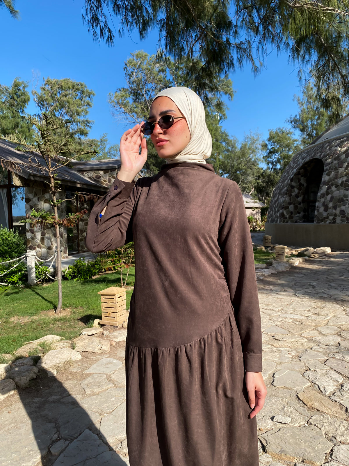 Side Gathered Suede Dress - Brown