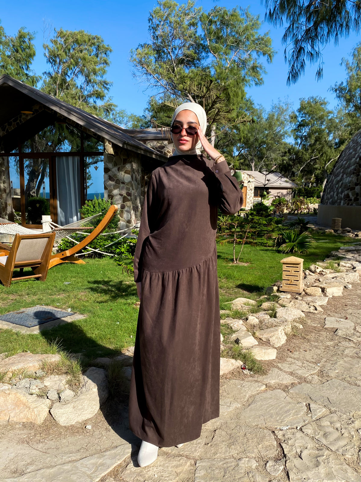 Side Gathered Suede Dress - Brown