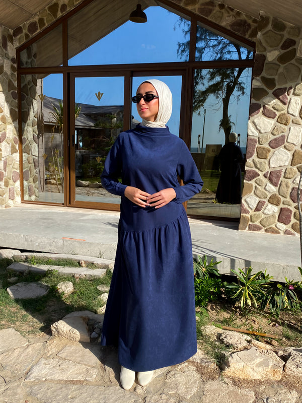 Side Gathered Suede Dress - Navy