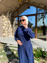 Side Gathered Suede Dress - Navy