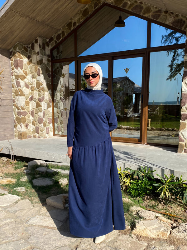 Side Gathered Suede Dress - Navy