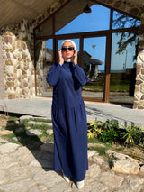 Side Gathered Suede Dress - Navy