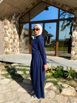 Side Gathered Suede Dress - Navy