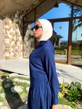 Side Gathered Suede Dress - Navy