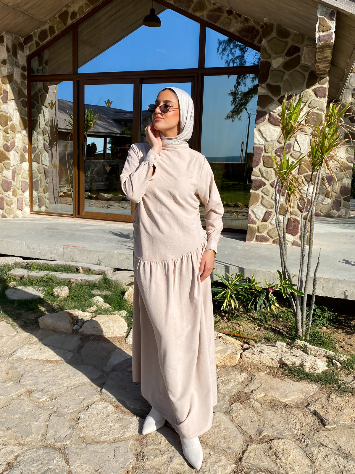 Side Gathered Suede Dress - Beige