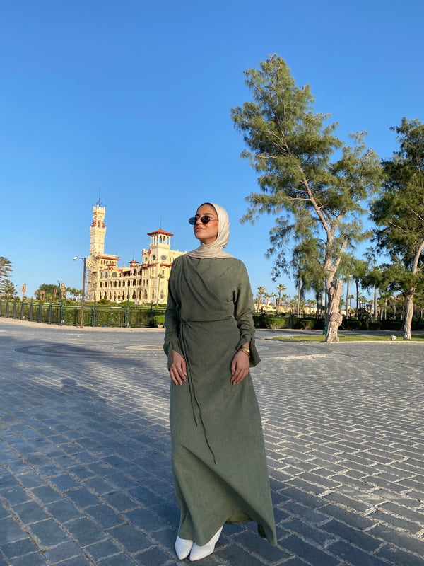 Draped Dress With Scarf - Olive