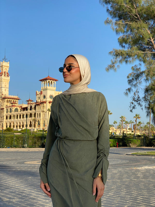 Draped Dress With Scarf - Olive