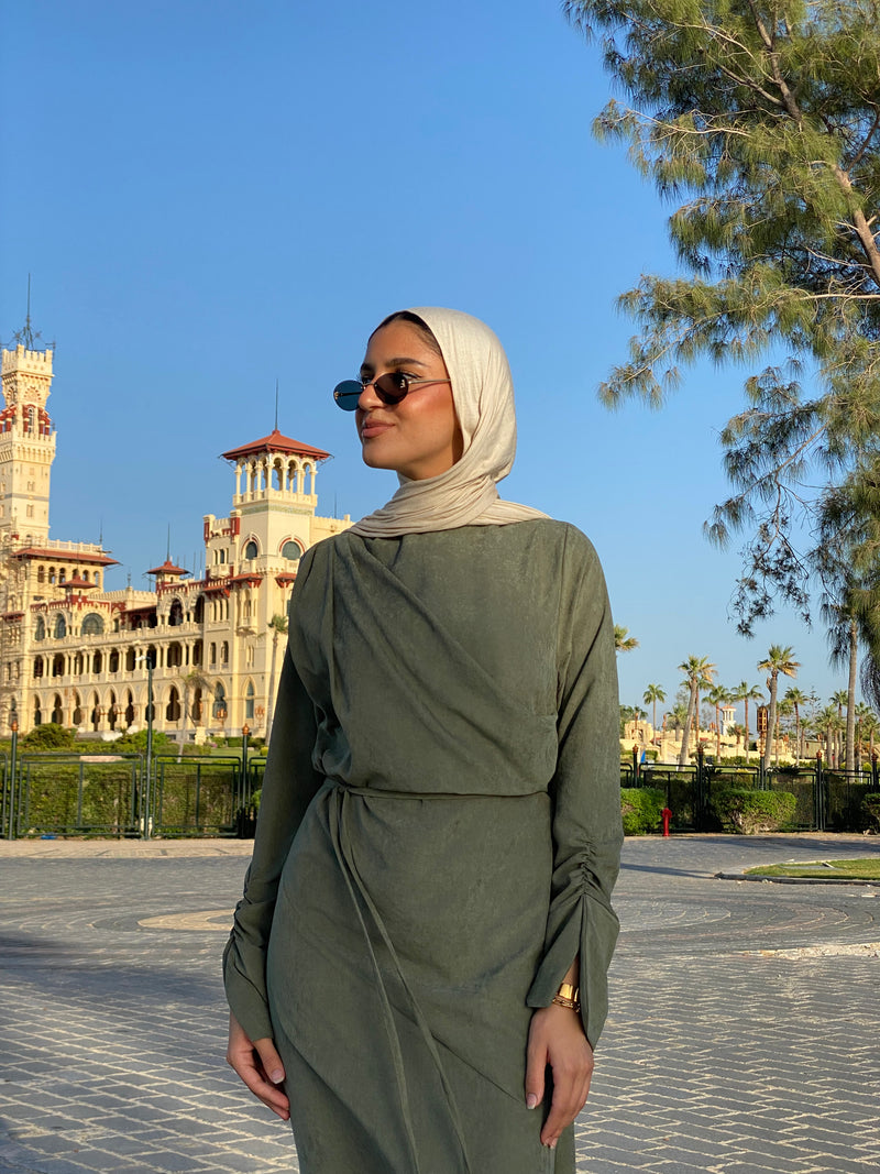 Draped Dress With Scarf - Olive