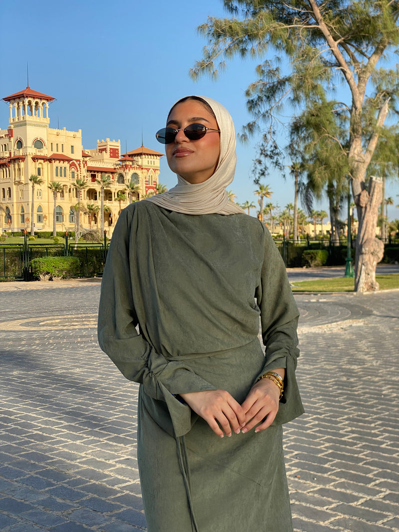Draped Dress With Scarf - Olive
