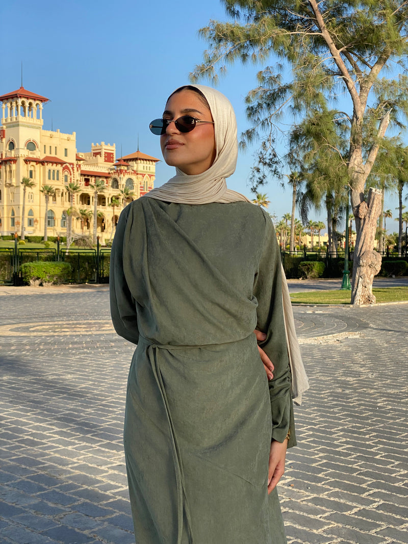 Draped Dress With Scarf - Olive
