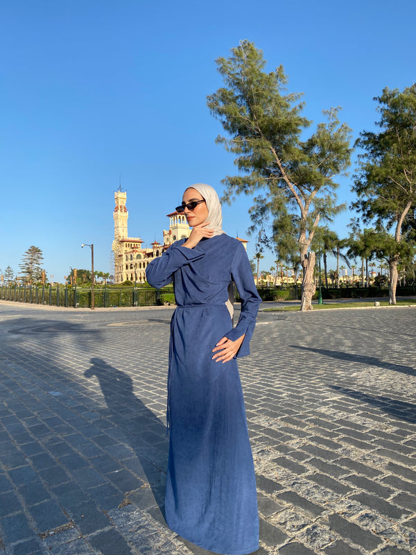 Draped Dress With Scarf - Navy