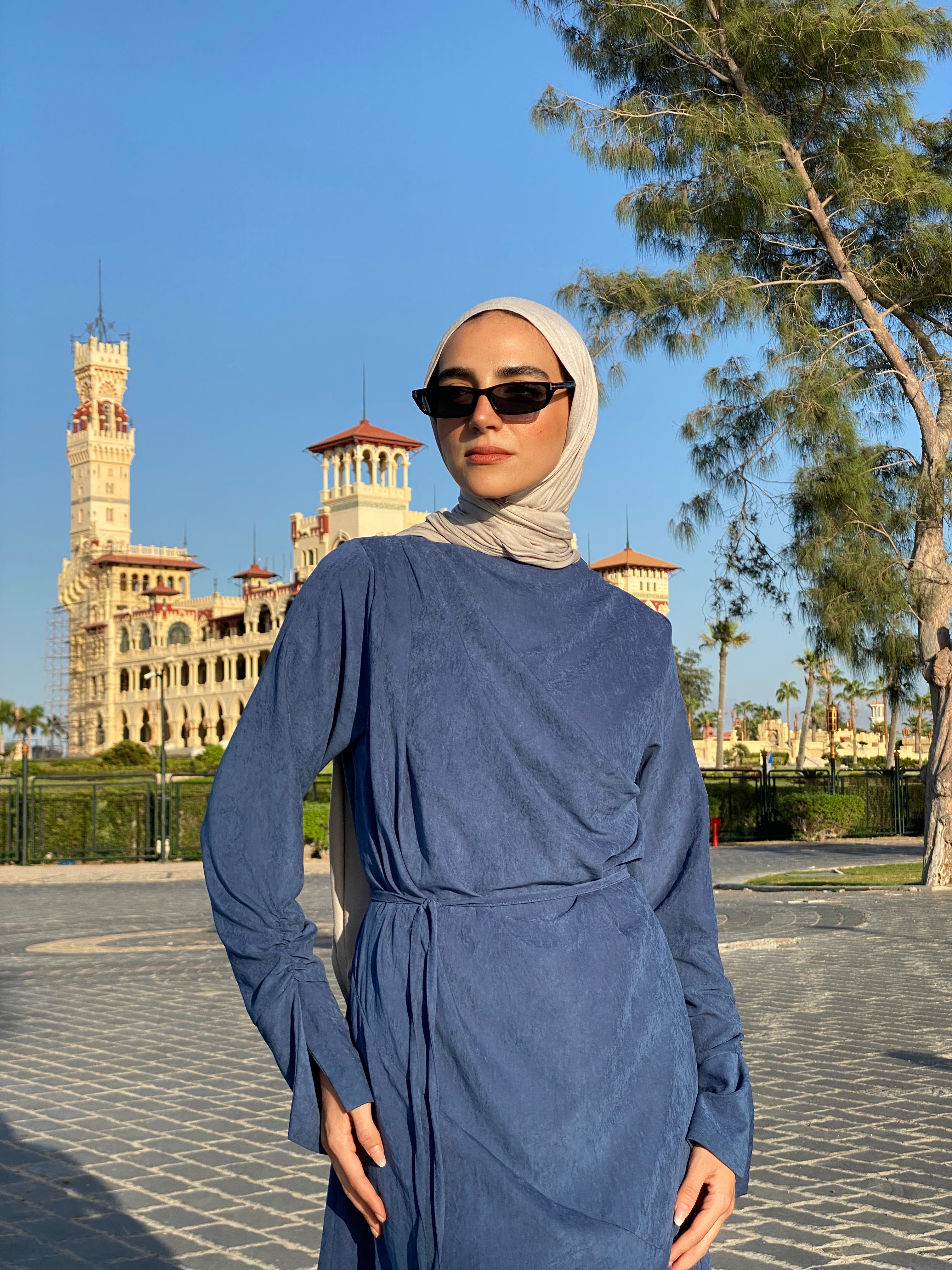 Draped Dress With Scarf - Navy
