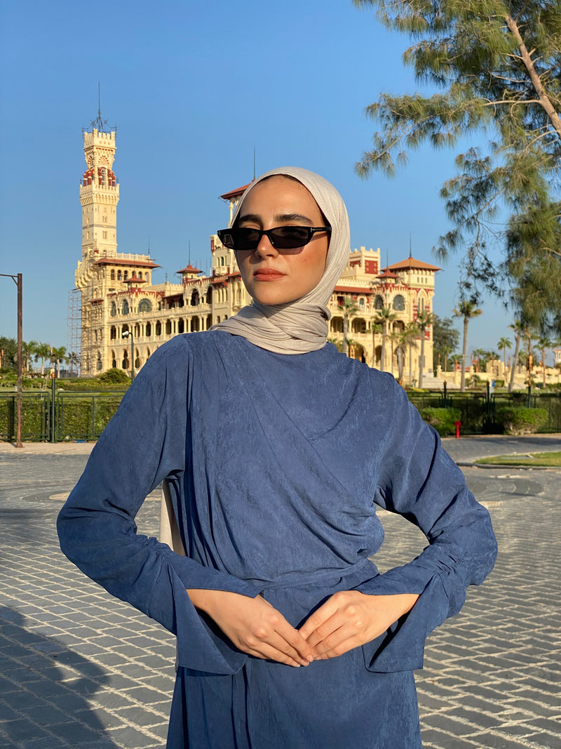 Draped Dress With Scarf - Navy