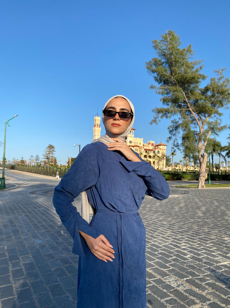 Draped Dress With Scarf - Navy
